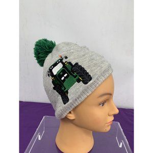 John Deer Tractor Hat Front and Back PomPom Gray Green Child Tiny Flaw